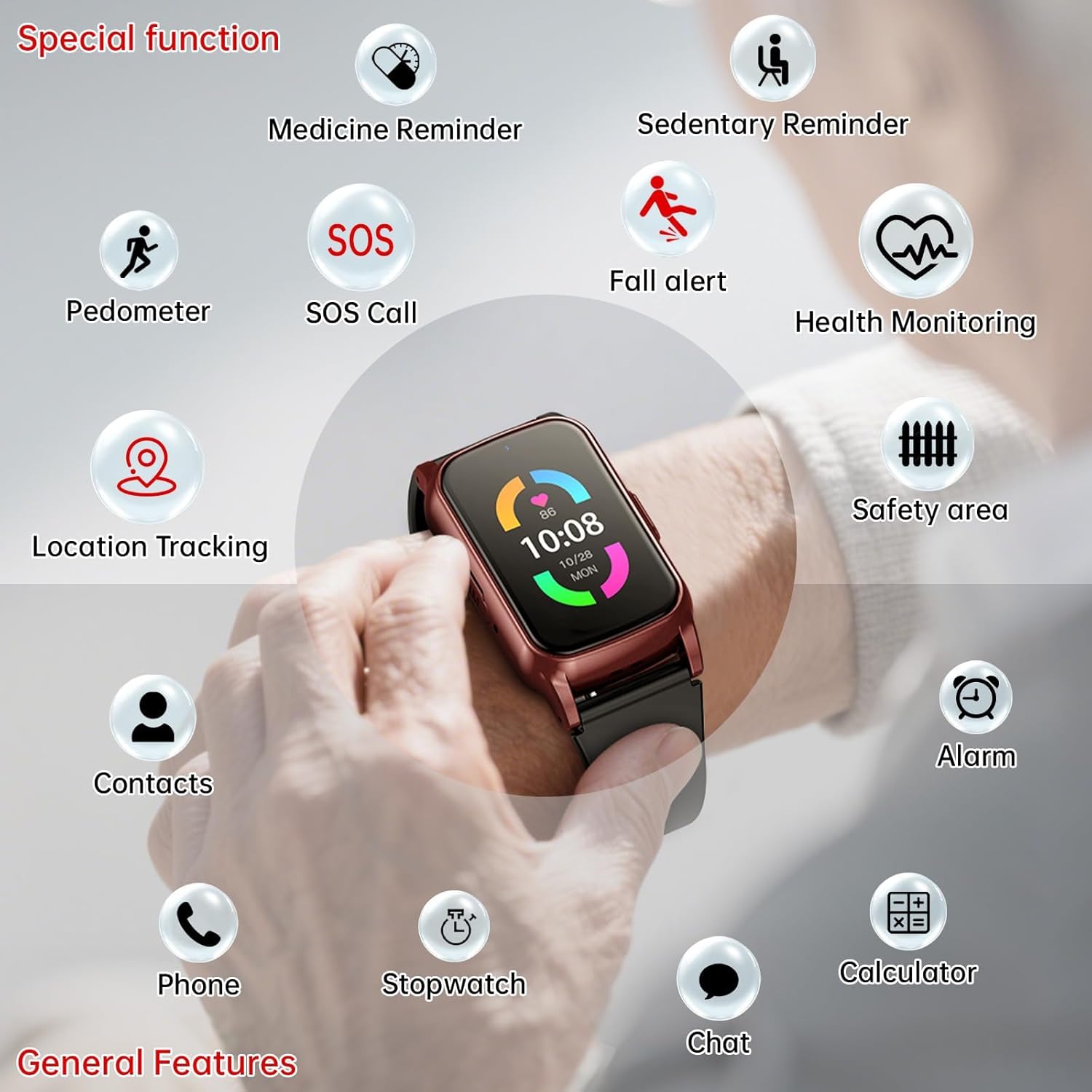 GPS smartwatch for seniors with fall detection and emergency SOS